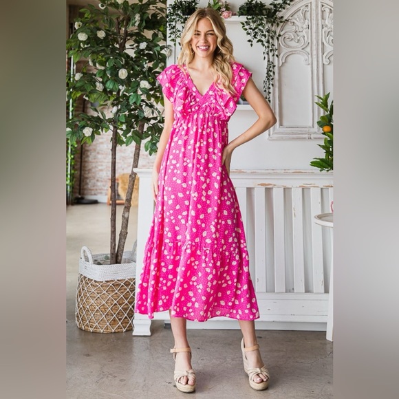 Reborn J Printed V-Neck Ruffle Trim Tiered Midi Dress - Picture 4 of 5